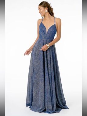 Sparkling Navy Blue Plunge V-Neck Prom Gown